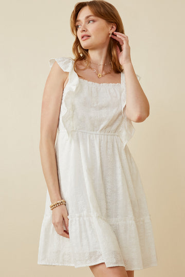 HY6128W OFF WHITE Plus Embroidered Square Neck Ruffled Smock Back Tank Dress Side